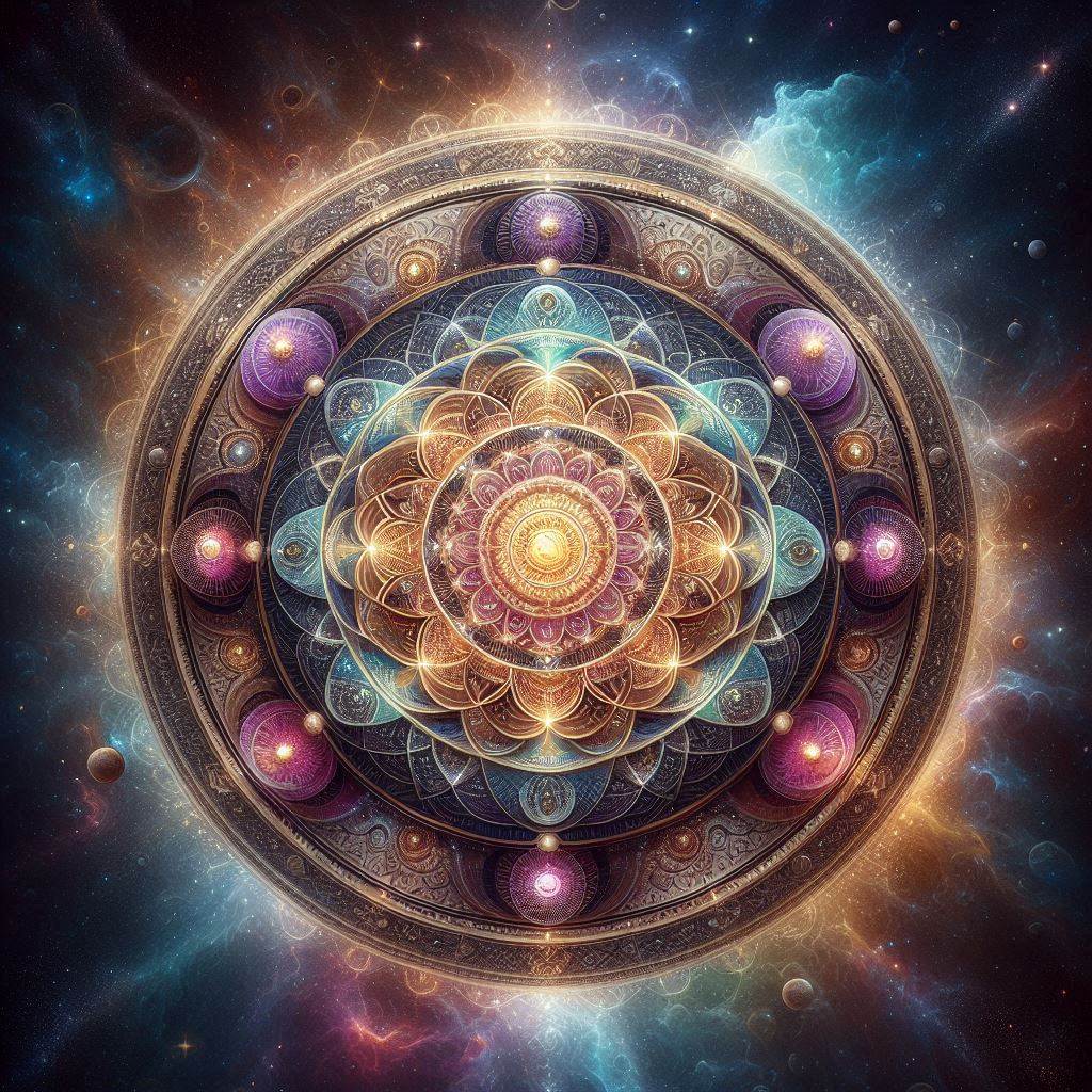 Mandala cósmica representando as 7 Linhas da Umbanda em círculos coloridos
