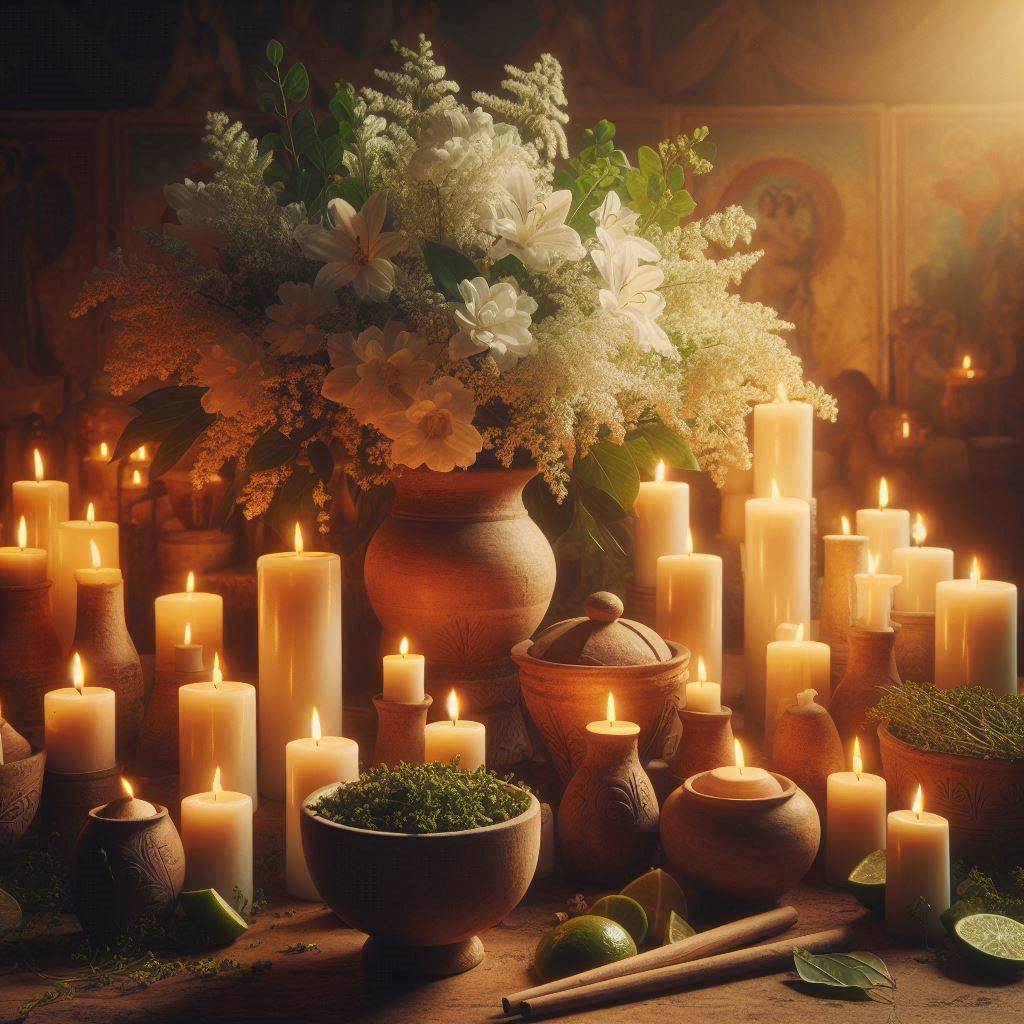 Altar de Umbanda com velas brancas, flores e ervas sagradas em ambiente sereno