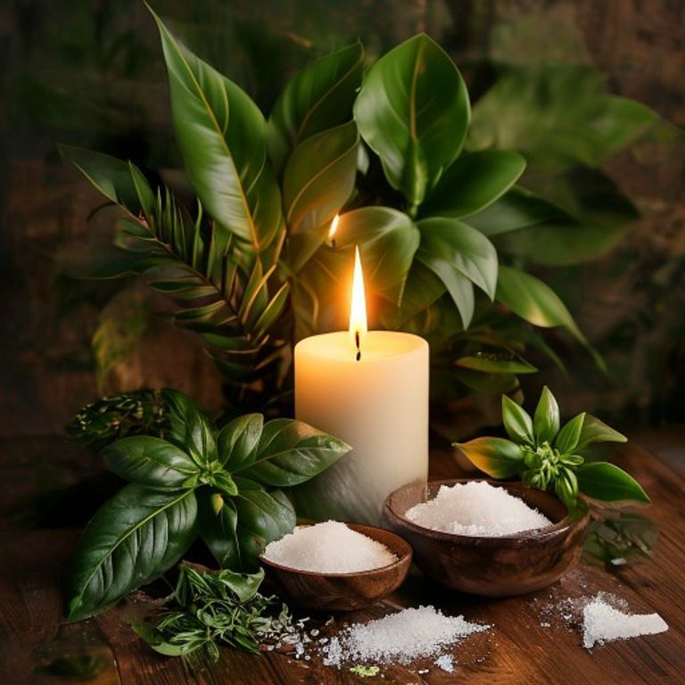 Banho de Comigo-Ninguém-Pode para proteção espiritual com folhas, vela branca e sal grosso