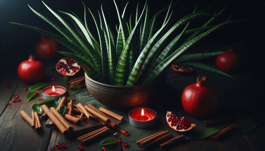 Folhas longas verdes de espada-de-São-Jorge em tigela de barro com canela e casca de romã, vela vermelha de Ogum acesa — banho de proteção espiritual da Umbanda
