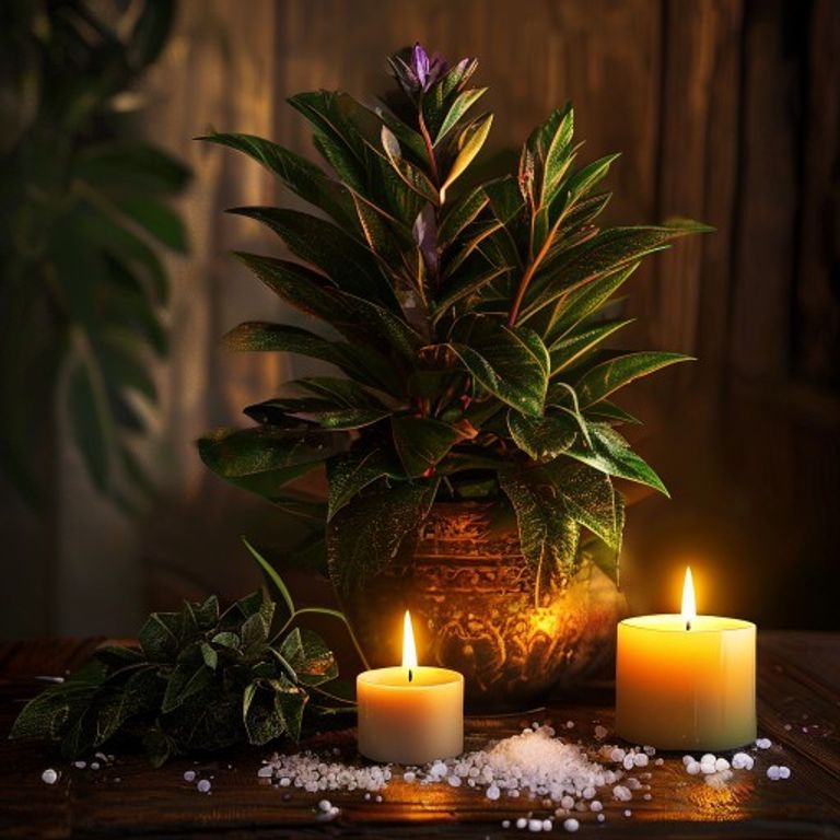 Banho de Levante para limpeza espiritual profunda com folhas, sal grosso e vela branca