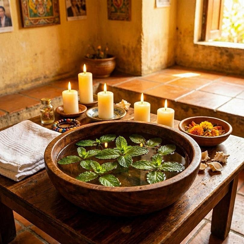 Banho de hortelã com velas e bacia de madeira em ambiente místico