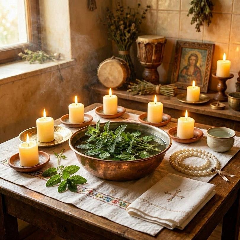 Banho de Manjerona com velas e folhas frescas