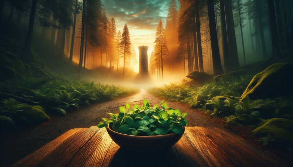 Caminho aberto através de mata com luz dourada do amanhecer, ervas em tigela de barro e vela vermelha de Ogum em primeiro plano — banho de abertura de caminhos da Umbanda