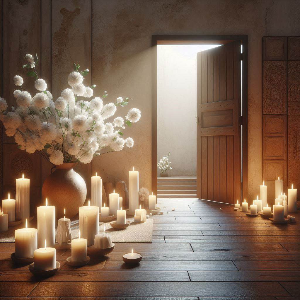 Espaço sagrado com porta aberta, velas e flores brancas, simbolizando o acolhimento na Umbanda