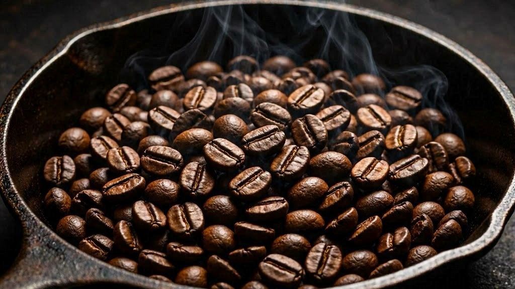 Defumacao de cafe torrado graos queimando em frigideira