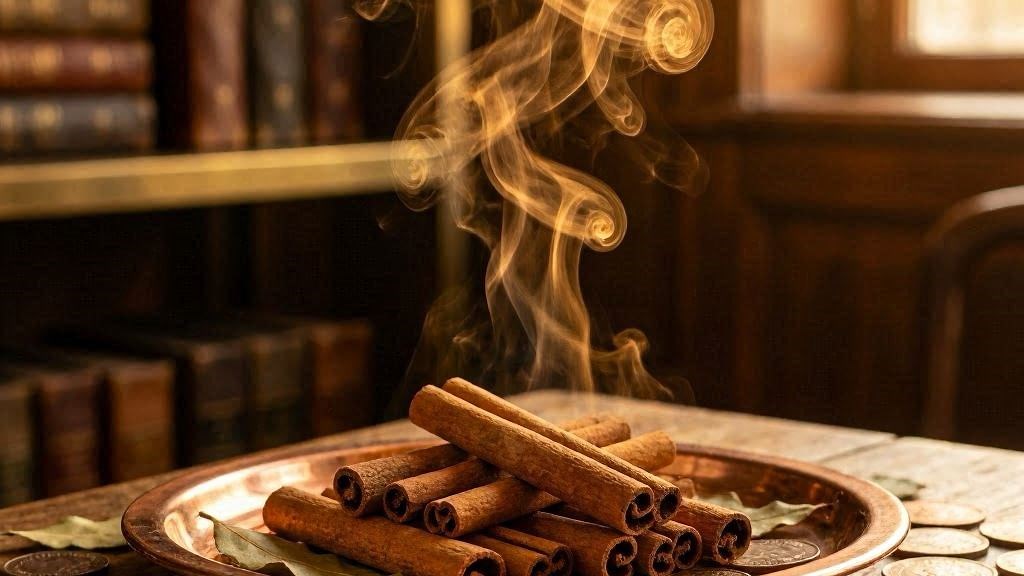 Paus de canela em prato de cobre com moedas representando defumação de prosperidade