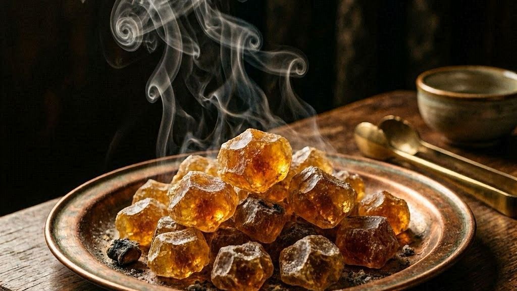 Defumação de Mirra com resina âmbar em prato de cobre e fumaça branca