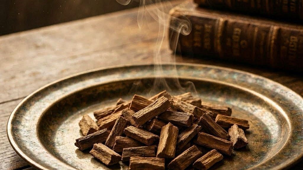 Defumação de Sândalo com lascas e fumaça em prato de bronze