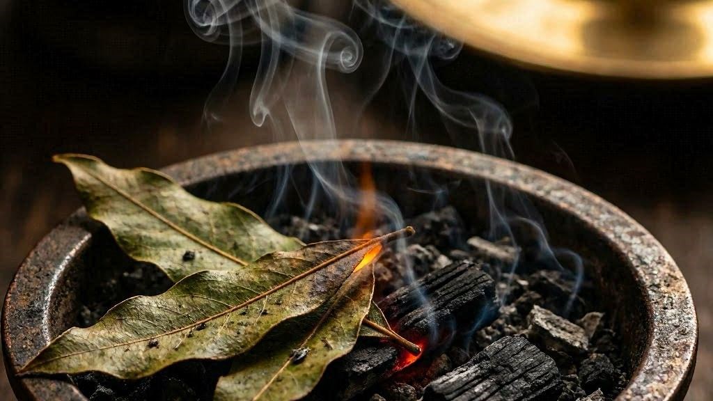 Folhas de louro queimando em incensario defumacao da vitoria
