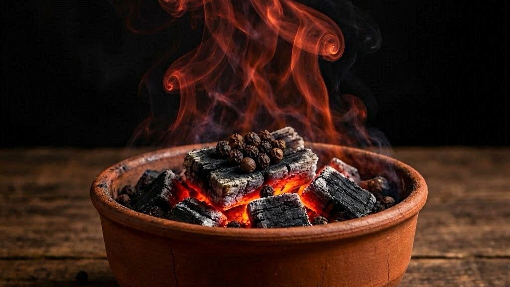 Defumacao de pimenta-do-reino graos queimando com fumaca vermelha