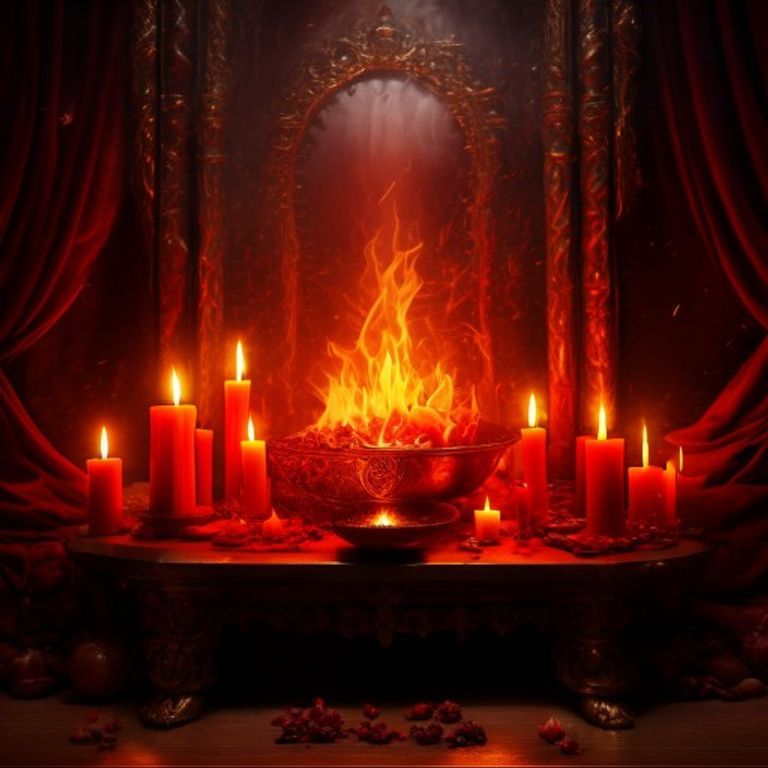 Altar de Egunita com chamas vermelhas, brasas e velas - Senhora do Fogo Sagrado