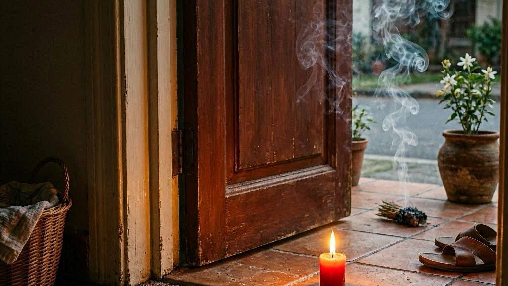 Porta com vela vermelha e sal grosso na soleira exu bara da porta
