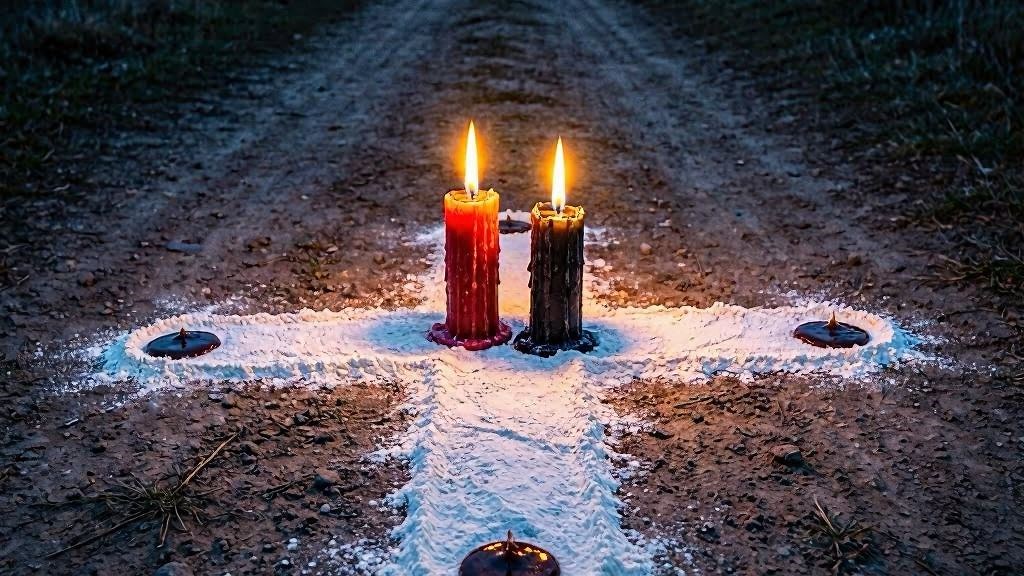 Encruzilhada ancestral com velas e farinha em cruz exu bara lana