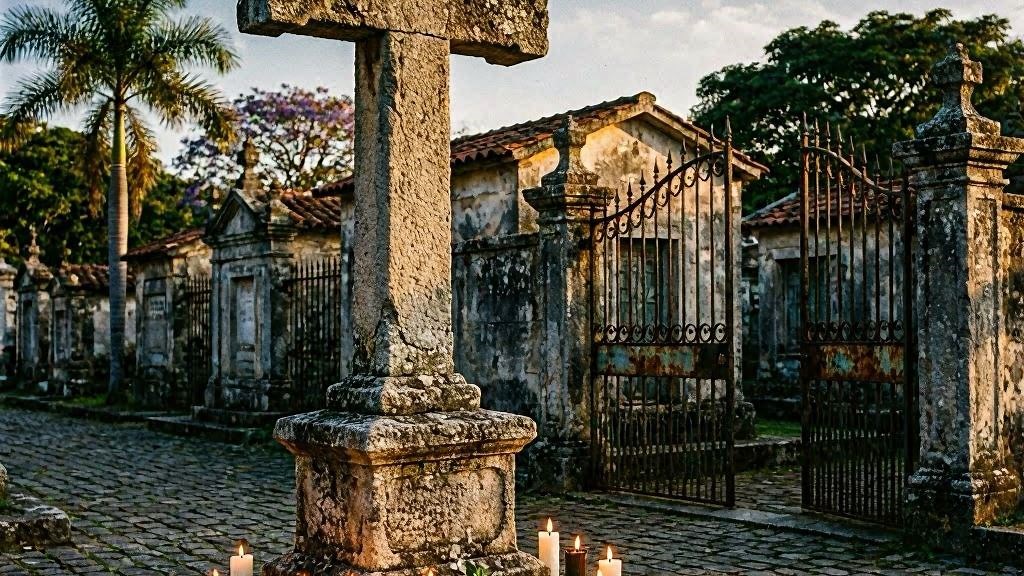 Cruzeiro de pedra no cemiterio com velas e flores exu das almas do cruzeiro