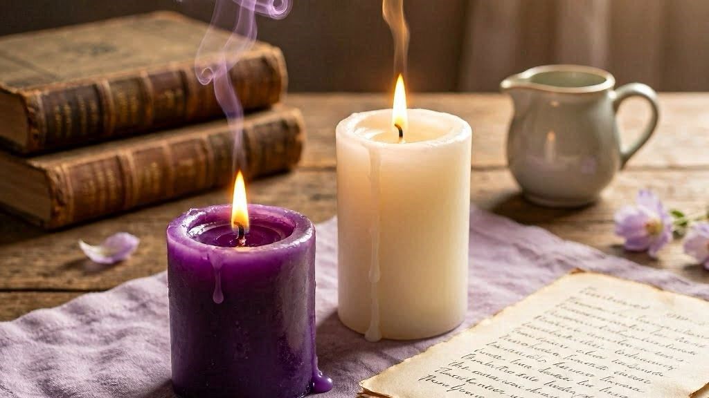 Velas roxa e branca com carta alfazema exu das almas pacificador
