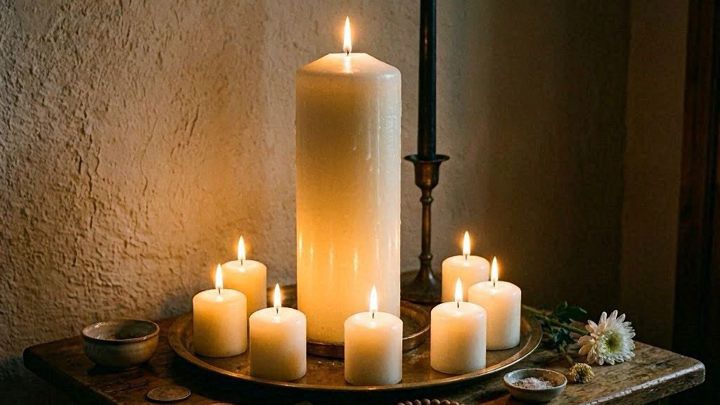 Altar de caridade com velas brancas e preta exu das almas sofredoras
