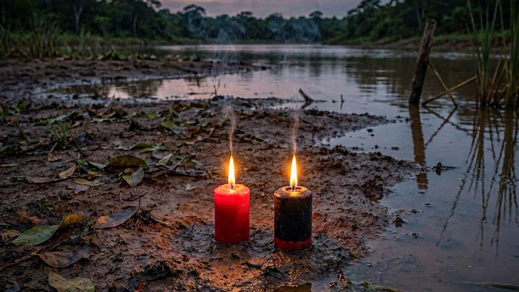 Margem de rio agua parada velas ritual exu do lodo aguas paradas