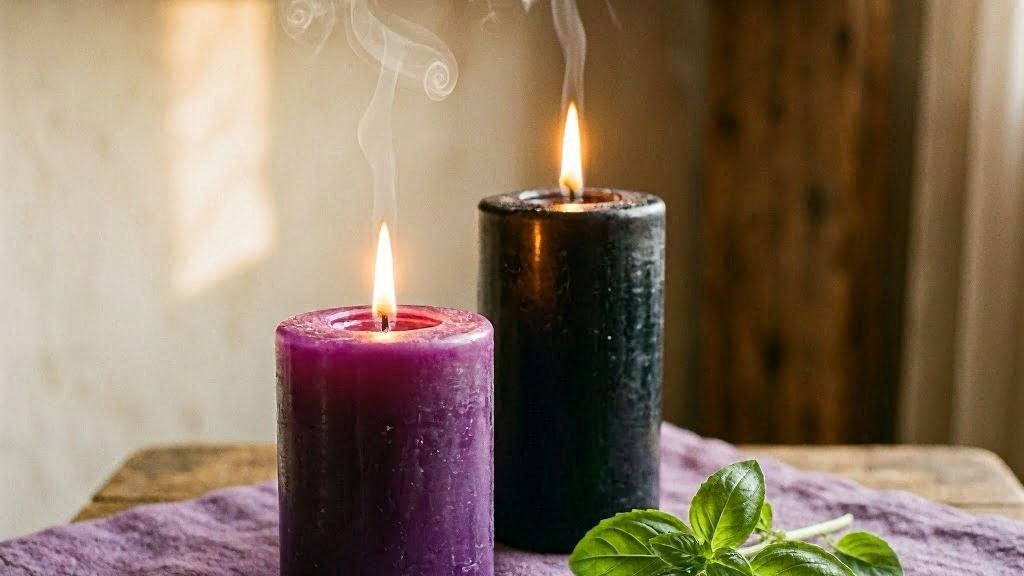 Velas roxa e preta benjoim manjericao exu do lodo da cura