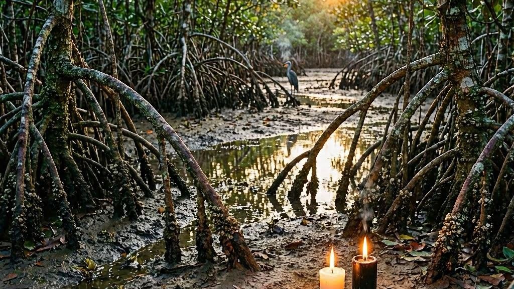 Manguezal raizes velas brancas e pretas exu do lodo do mangue