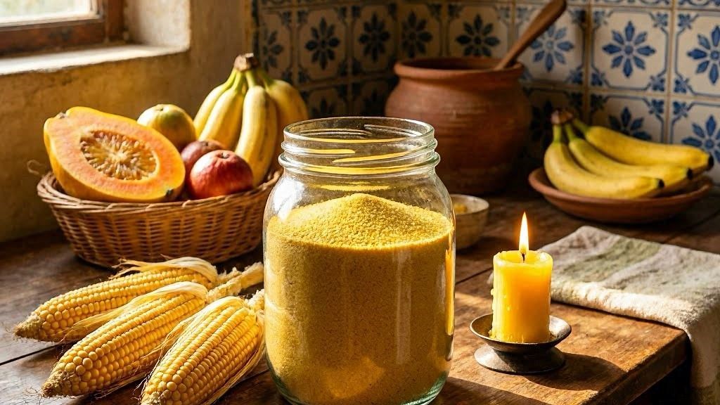 Cozinha rural com pote fuba mel vela amarela fartura exu do ouro prosperidade