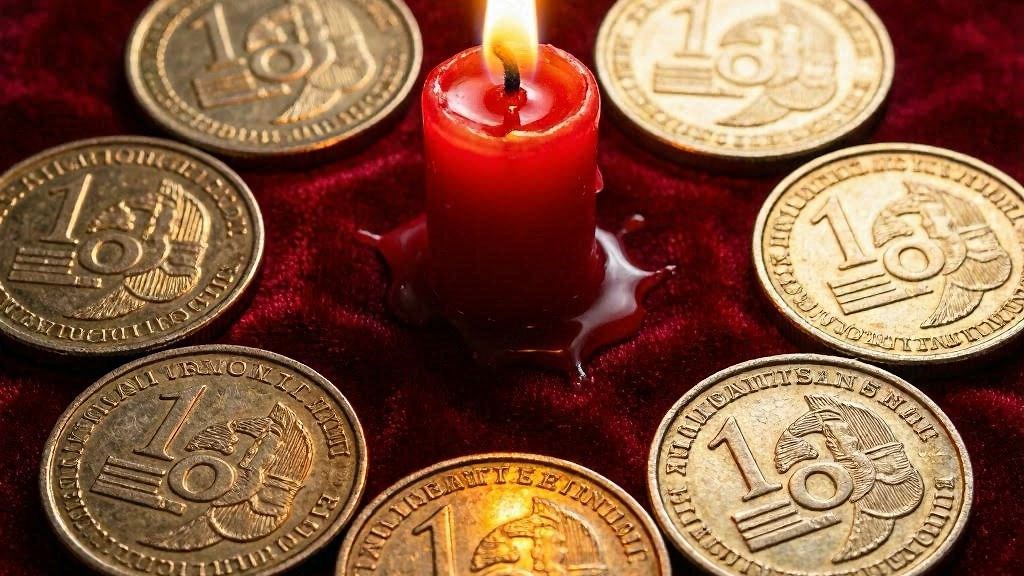 Sete moedas em circulo vela vermelha sete moedas exu do ouro
