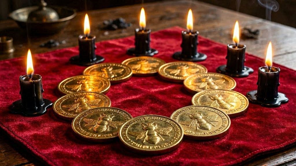 Sete moedas douradas e velas exu do ouro das sete portas