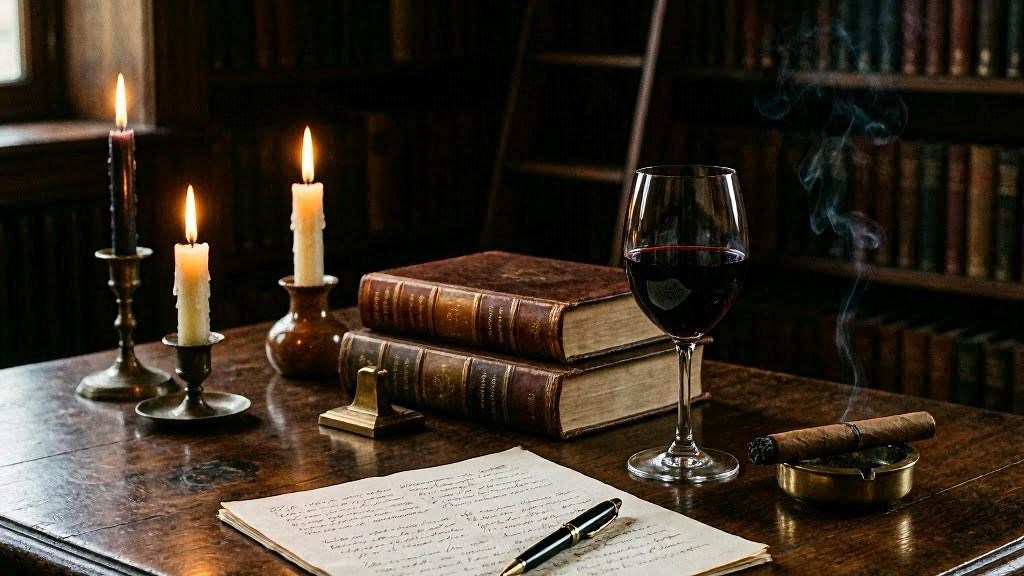 Mesa de biblioteca com livros, vinho tinto e velas representando Exu Marabô das Almas