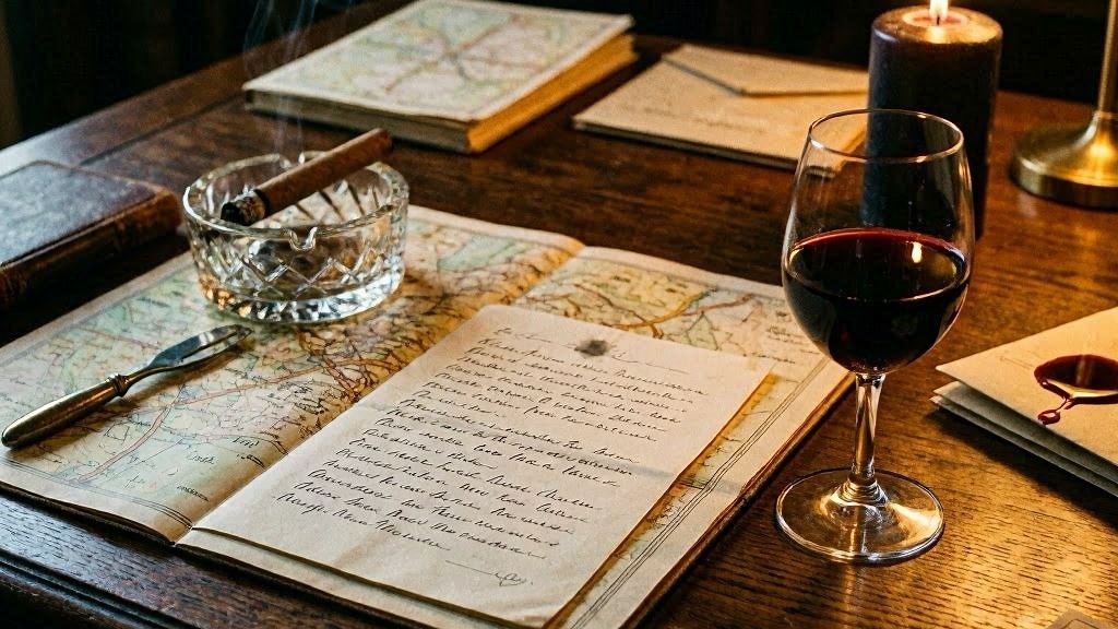 Mesa executiva com mapa, vinho e velas representando Marabô das Encruzilhadas