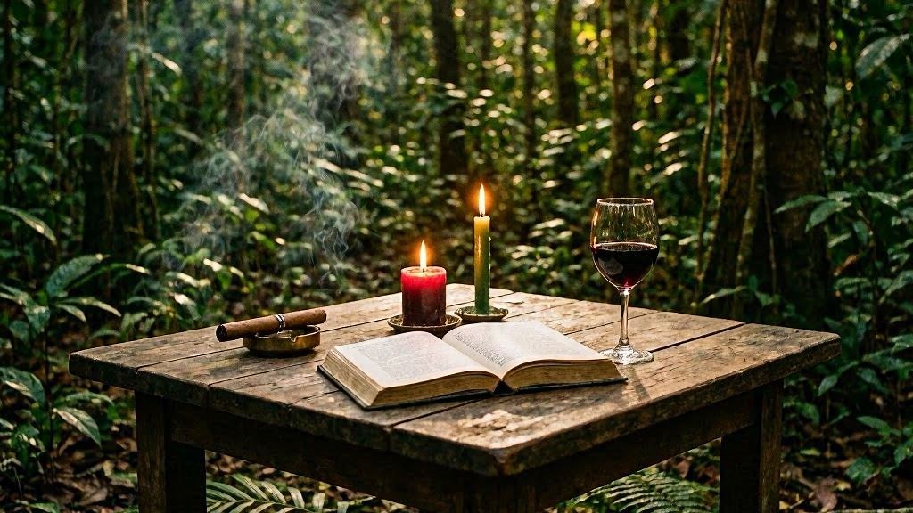 Clareira na floresta com mesa rústica, livros e velas representando Marabô das Matas