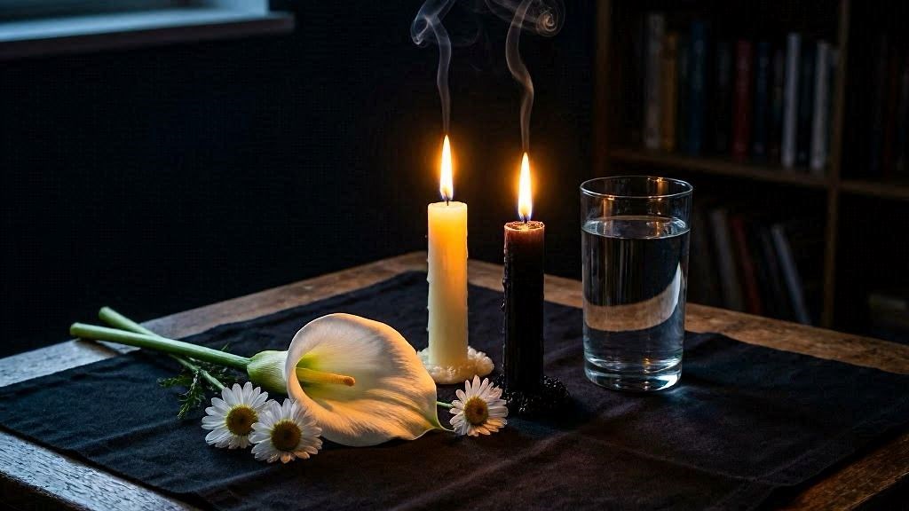 Altar com vela preta e branca flores brancas exu meia-noite das almas