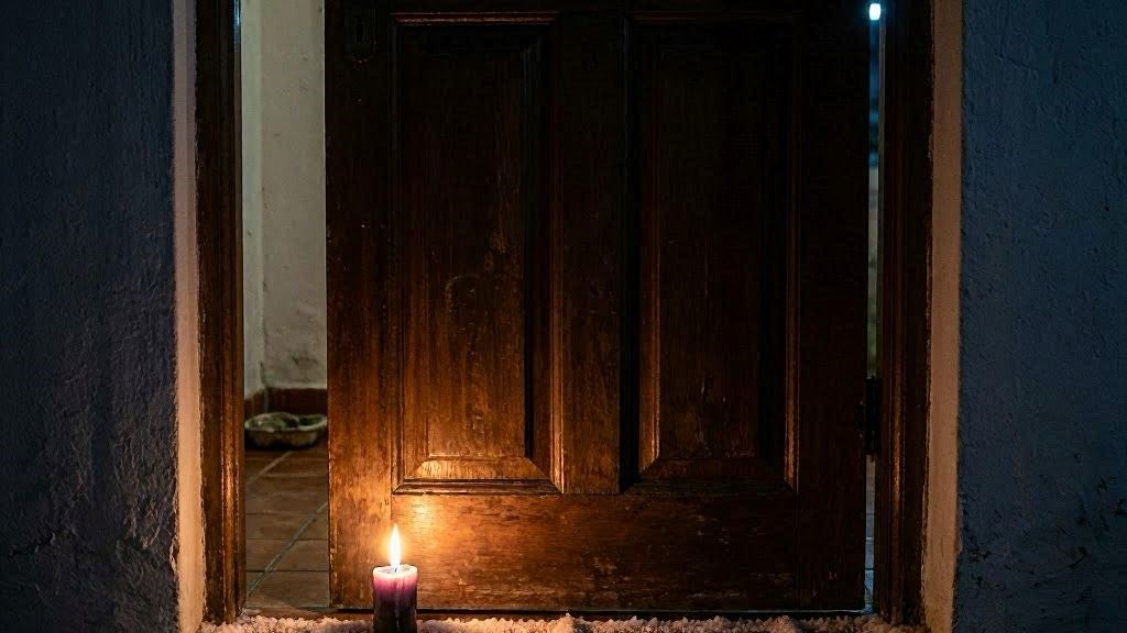 Porta com vela preta e sal grosso selo protetor exu meia-noite selamento