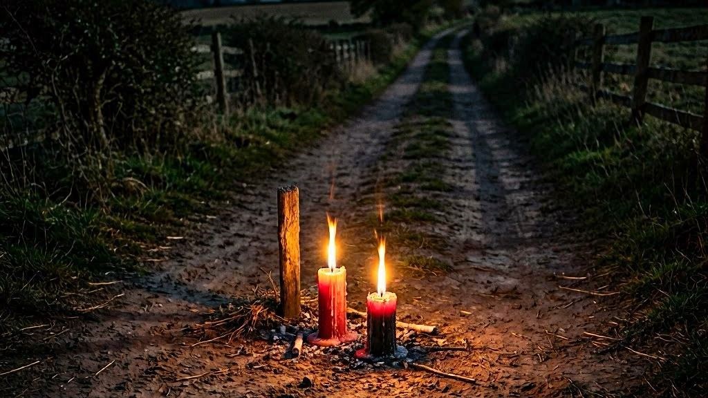 Encruzilhada com velas vermelha e preta acesas pinga-fogo