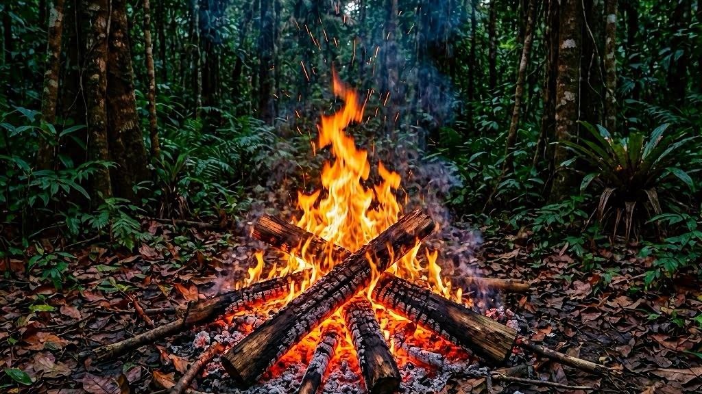 Fogueira ritual em clareira de mata pinga-fogo das matas