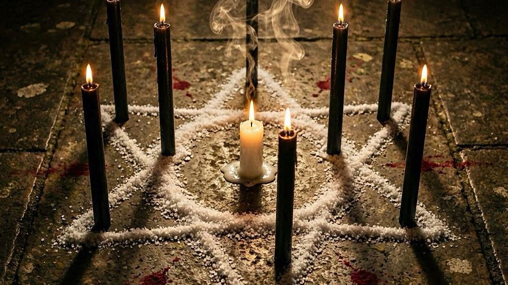 Sete velas pretas em estrela de sete pontas representando Sete Caveiras