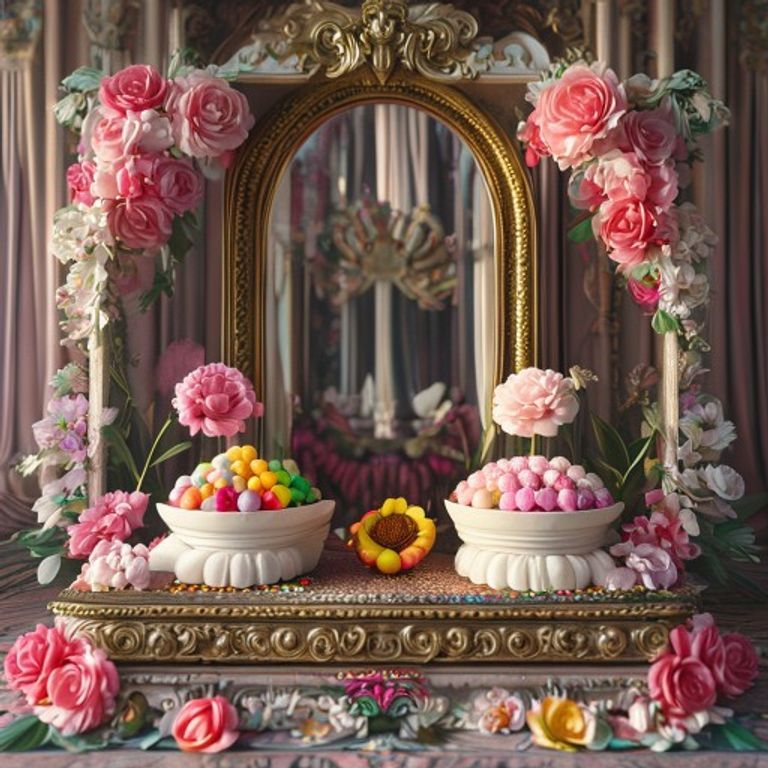 Altar dos Ibejis com doces gemeos, flores em pares e composicao simetrica - Gemeos Sagrados