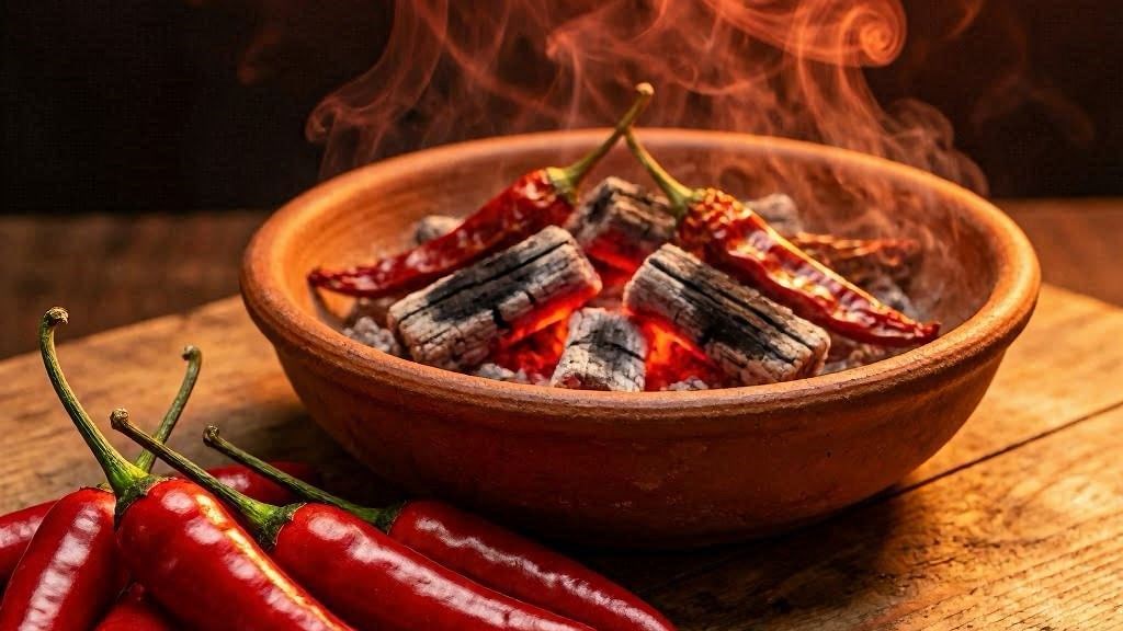 Defumacao de Pimenta-Malagueta - pimentas vermelhas frescas e secas em brasa com fumaca densa