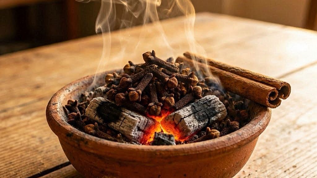 Defumacao de Cravo-da-India - cravos secos em turibulo de barro com fumaca aromatica dourada