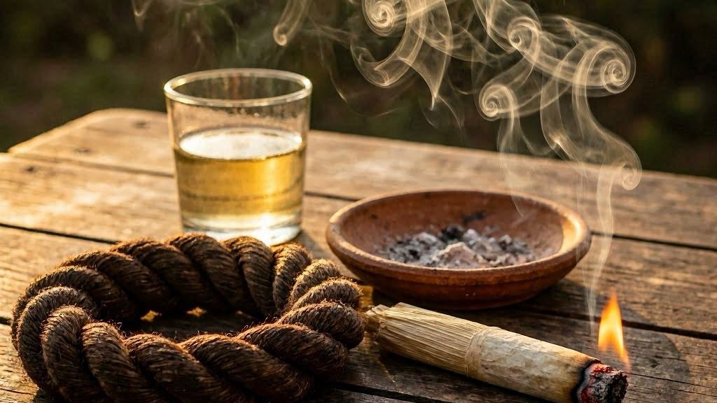 Defumacao de Tabaco - corda de fumo brasileiro com charuto de palha aceso e fumaca amarelada