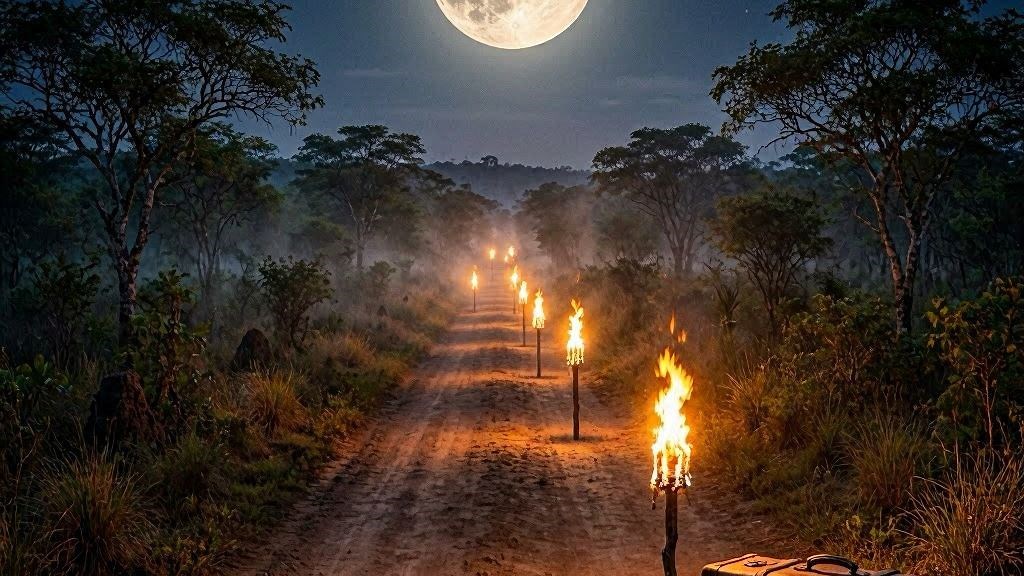Sete Encruzilhadas dos Caminhos - estrada noturna com 7 tochas e lua cheia simbolizando jornada