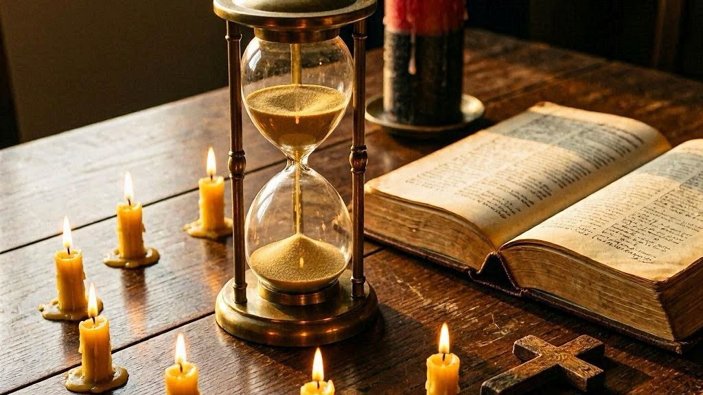 Sete Encruzilhadas da Vida - ampulheta com livro antigo e velas em círculo místico