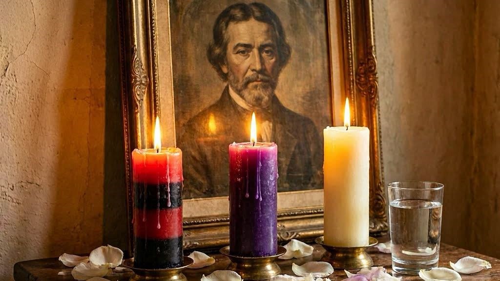 Sete Encruzilhadas das Almas - altar com 3 velas (roxa branca vermelha-e-preta) e copo de cristal