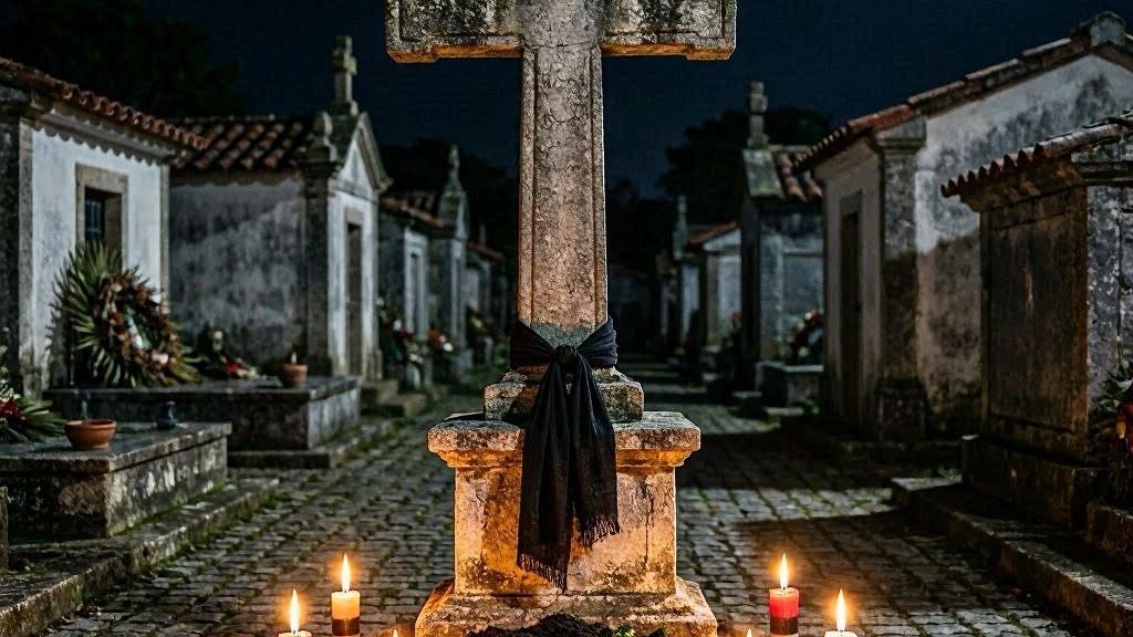 Sete Encruzilhadas do Cruzeiro - cruz antiga com velas em círculo e terra de sepultamento ritual