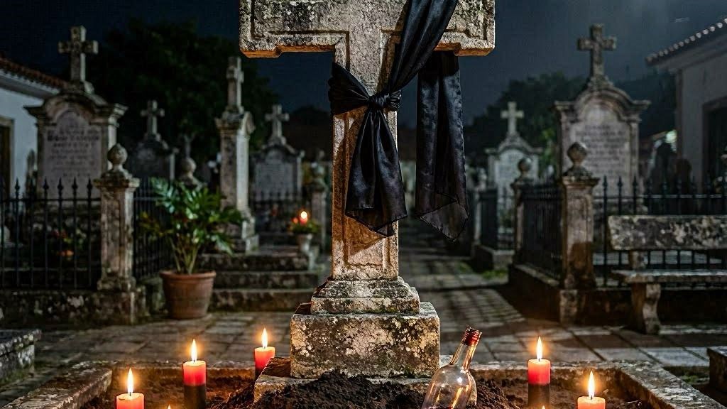 Câmara antiga de catacumba com sete nichos de pedra, velas brancas iluminando retratos esmaecidos de antepassados