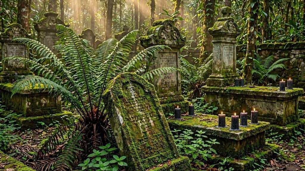 Cemitério antigo coberto por vegetação tropical, túmulos de pedra com vinhas e musgo, ervas sagradas crescendo entre lápides, atmosfera mística