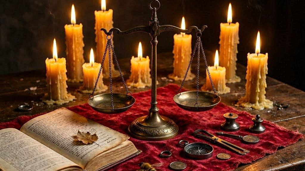 Balança de bronze antiga sobre veludo vermelho com livro de couro aberto e sete velas vermelhas em semicírculo, ambiência mística
