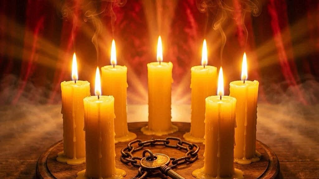 Sete velas vermelhas em círculo com raios de luz dourada e vermelha, corrente de ferro e chave de bronze, atmosfera mística protetora
