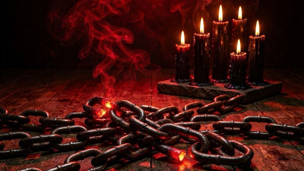 Correntes de ferro pesadas e quebradas sobre chão de madeira escura com sete velas pretas ao fundo e fumaça vermelha