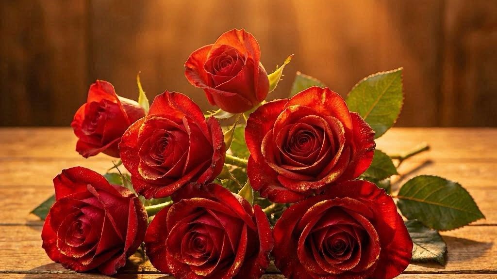 Sete rosas vermelhas em forma de V sobre superfície de madeira com raios de luz dourada do alto, simbolizando vitória conquistada