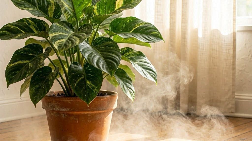 Planta Comigo-Ninguém-Pode com folhas verdes e creme em vaso de barro com fumaça branca mística, ambiência espiritual